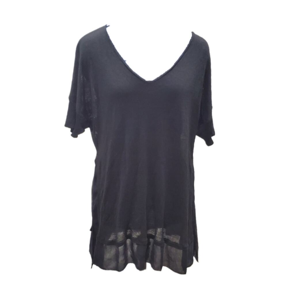 Eileen Fisher 100% silk jersey and silk chiffon trim tunic V neck Tee M Medium